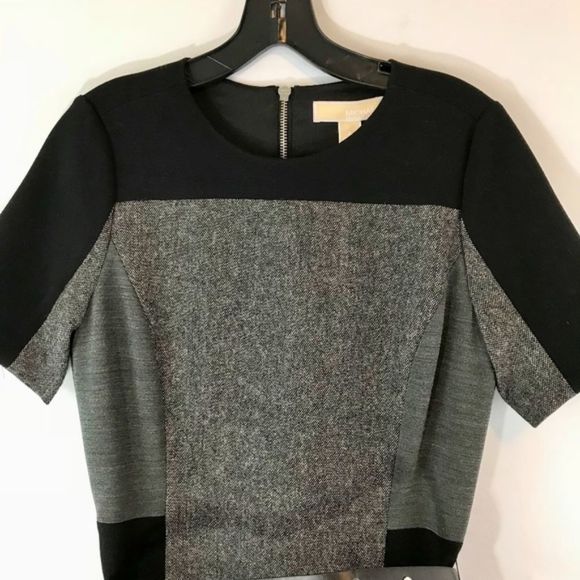 MICHAEL Michael Kors Black/Gray Belted Colorblock  Sheath Tweed Dress‎ - Picture 4 of 7